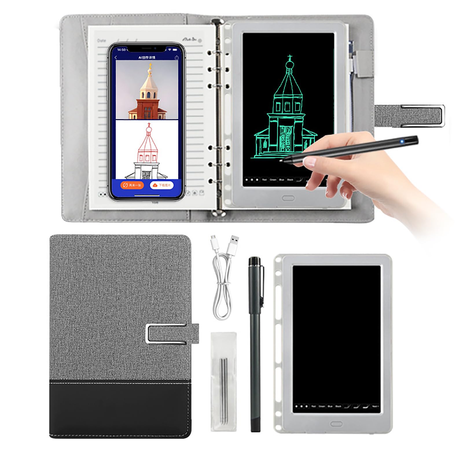 Penna Digitale a Sincronizzazione in Tempo Reale, Convertitore di Scrittura a Mano in Testo sul Telefono, Penna Intelligente Controllata a Voce per Note e Disegno Gray-Black