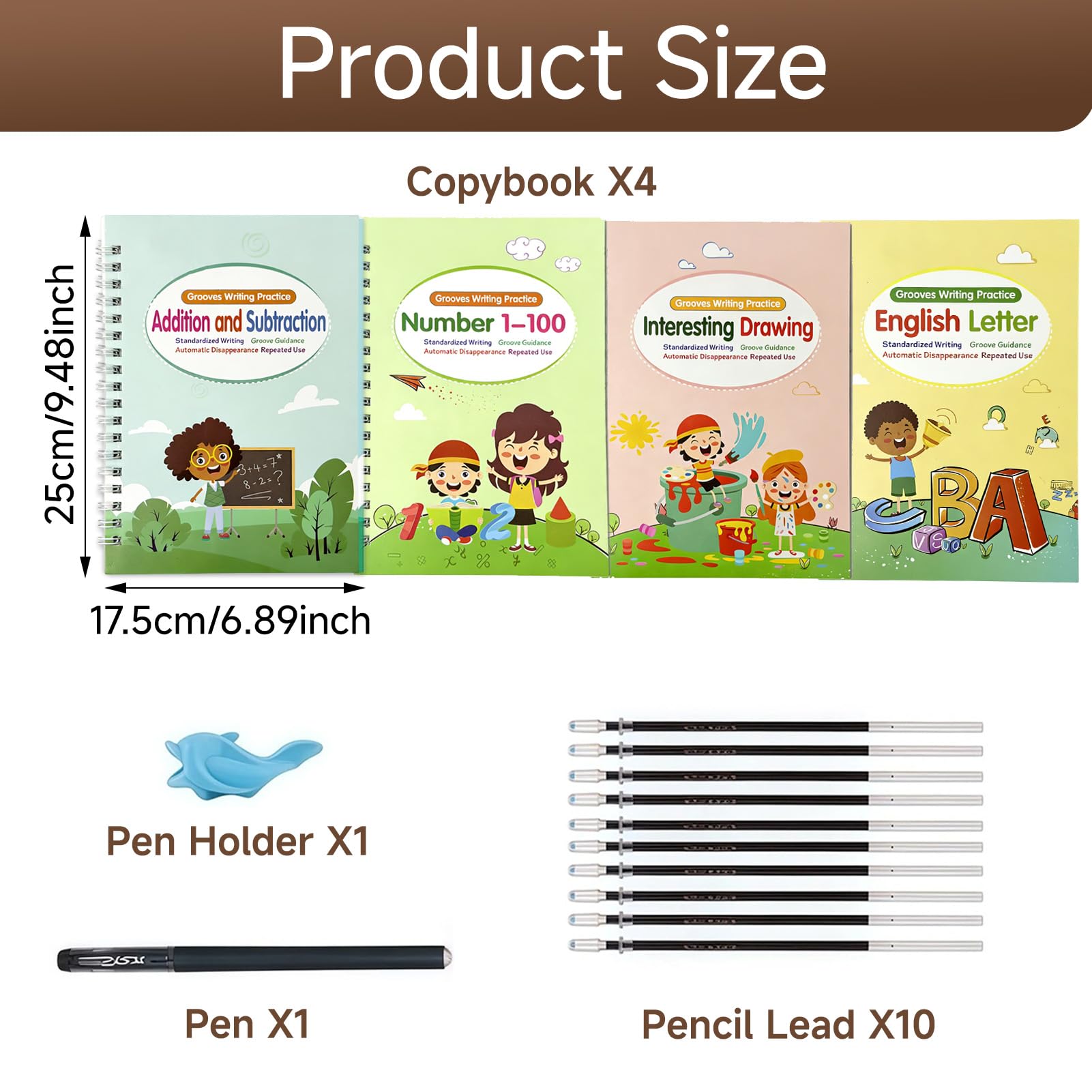 Cuaderno de ejercicios preescolar mágico, 4 unidades, cuaderno mágico con 1 bolígrafo y 10 minas de repuesto, libros de ejercicios reutilizables para alfabeto, números y matemáticas