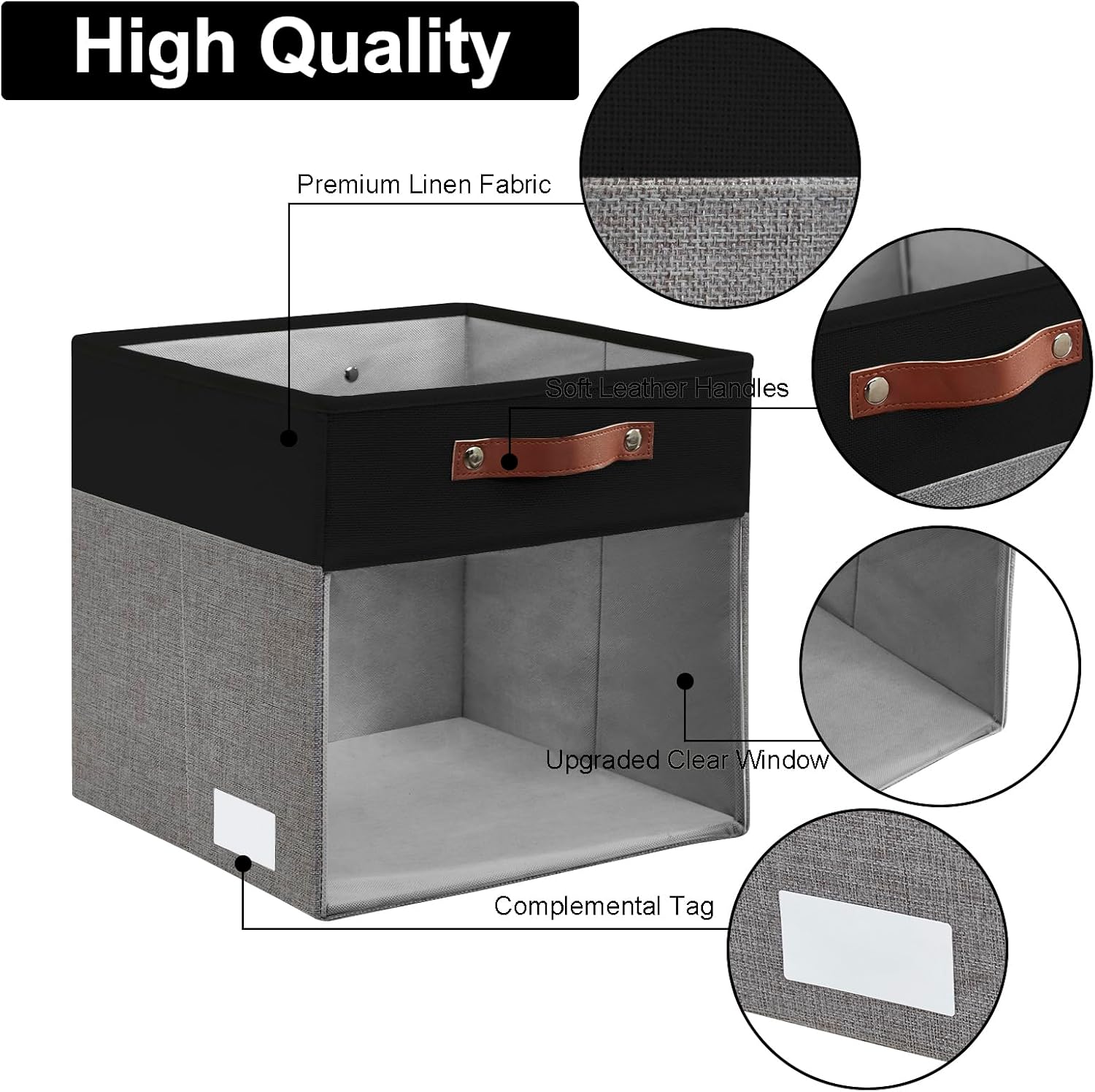 Bagnizer Storage Cubes, 4 Pack Linen Foldable Storage Bins (13 x 13 inch) with Clear Window and Handles, Fabric Organizer for Shelf Closet, Clothes, Books - (Gray and Black) image 4