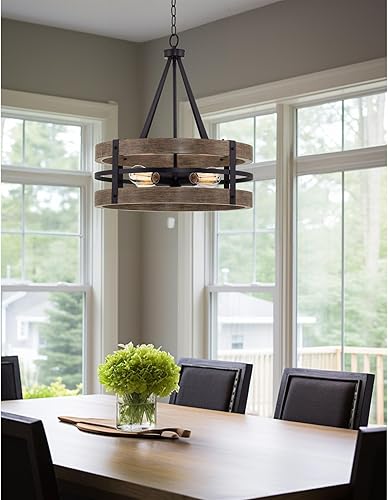 Miniatura 7 de Kira Home Maybrook - Lámpara de araña moderna de granja de 23 pulgadas, 4 luces, color negro + acabado de madera de roble recuperado