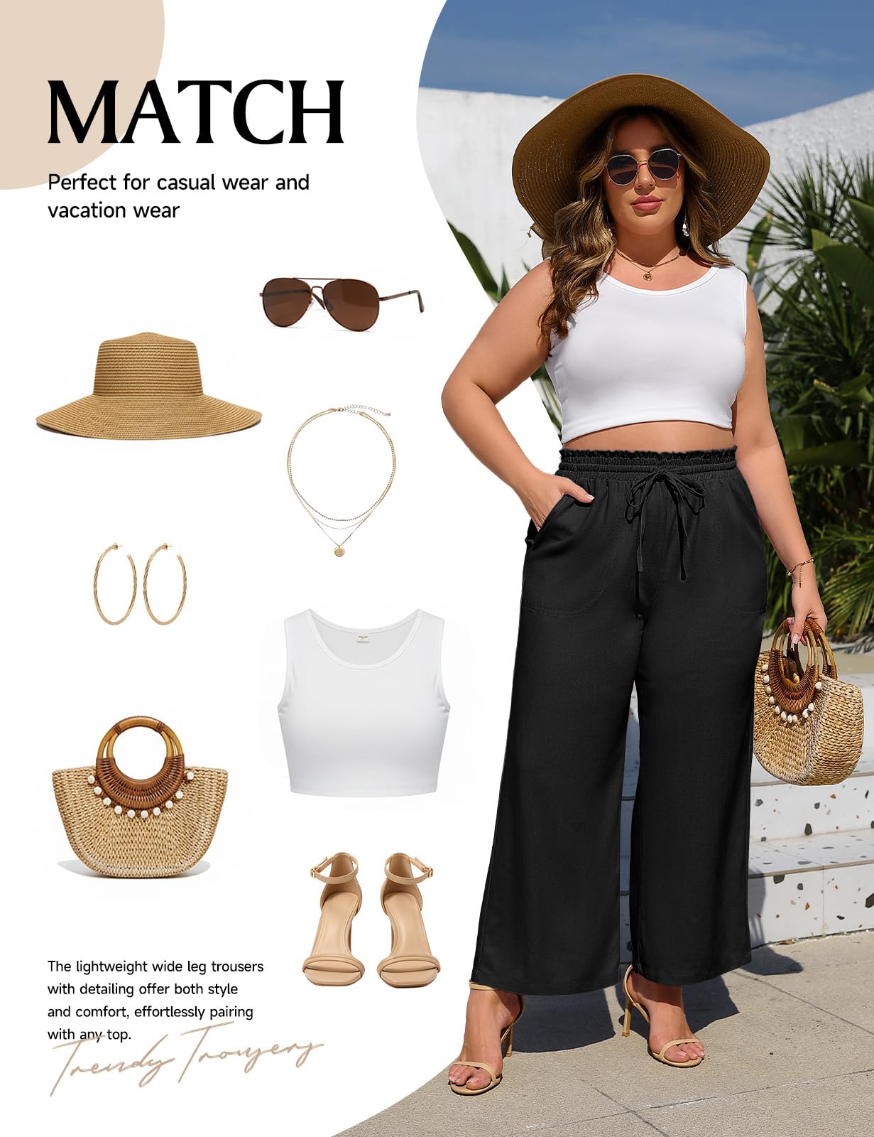 Pantalones de Lino Mujer Verano Ligeros Pantalones Tallas Grandes Elegante Cintura Alta Elástico Pantalon Palazzo Largos Casual Cómodos Frescos con Bolsillos