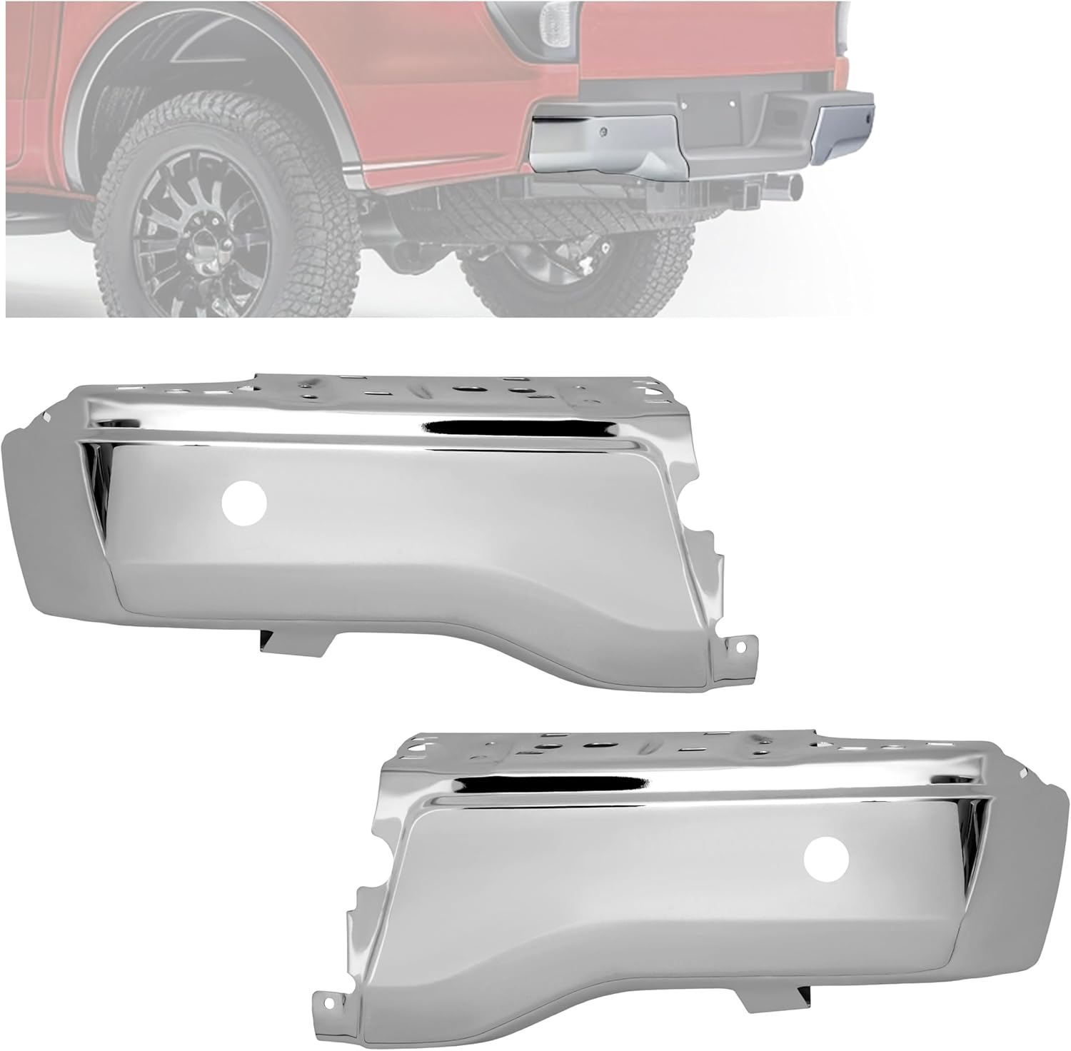 KUAFU Rear Bumper End Cap Corner Cover Compatible with 2019-2023 Ford Ranger W/Park Sensors Holes Driver & Passenger Side Replacement For FO1102395, KB3Z17906E Steel Chrome -Silvery Pair