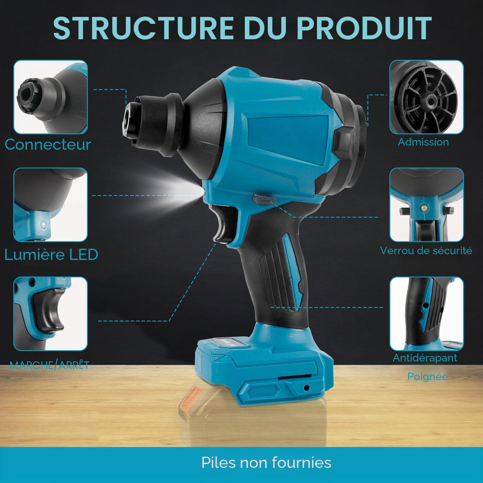 Souffleur à poussière sans Fil pour Makita 18 V, Vitesse Variable 1 000 W, dépoussiéreur à air comprimé portatif avec lumière LED et 8 Buses, 40 000 TR/Min pour garages ateliers (Pas de Batterie)