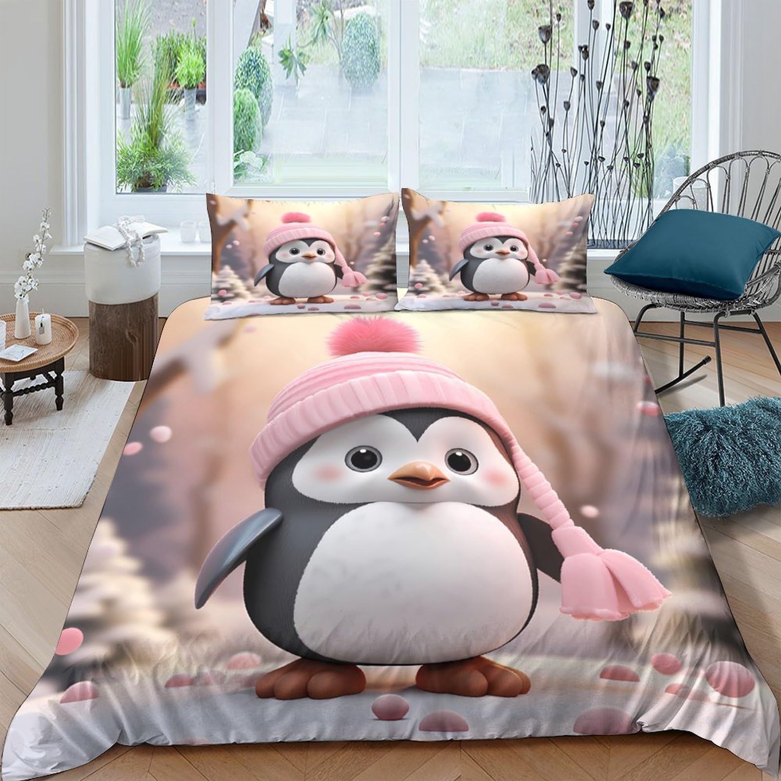 GPLZQXKJNH 3D Printed Cute Penguin Duvet Cover Microfiber Soft Breathable Pink Hat Quilt Cover Set with 2 Pillowcases for Bedroom Decor Single（135x200cm）