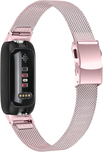 Miniatura 3 de FitTurn Paquete de 2 correas delgadas compatibles con Fitbit Inspire 3 SmartWatch, de malla de acero inoxidable ajustable, pulseras de reloj para