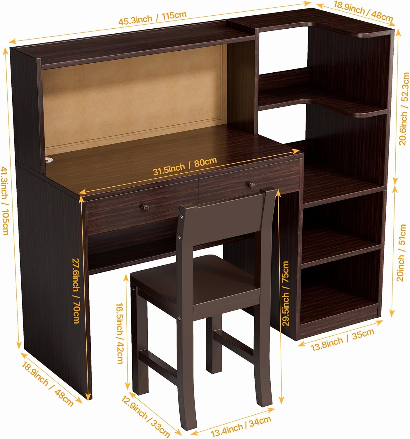 Wooden Espresso Kids Study Desk and Chair Set, 2 Drawers and 2 Storage Cabinets, Children Desk with Hutch and Bookshelf, Girls Study Desk for Kids Bedroom