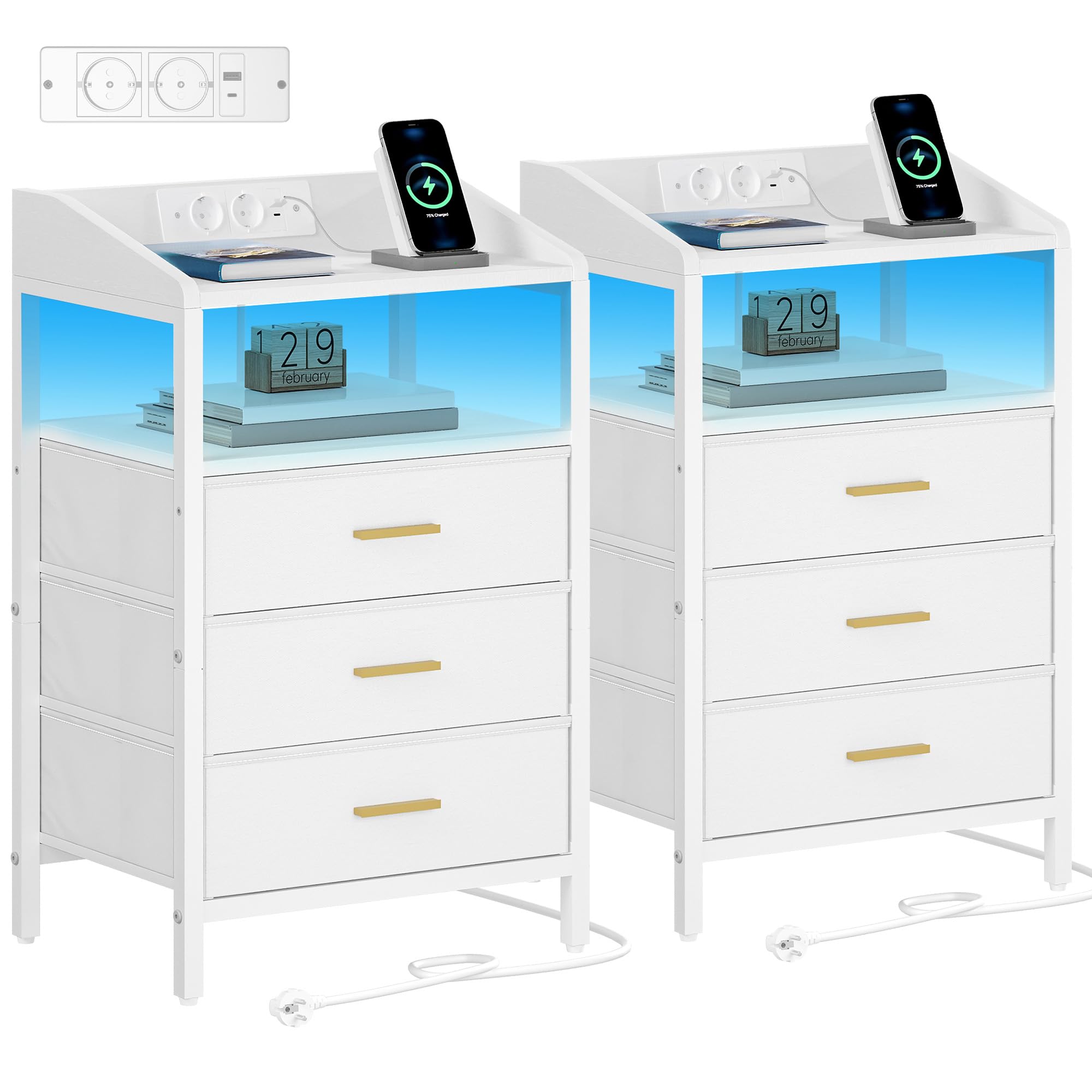 Hzuaneri Mesillas de Noche Juego de 2, con Luces LED y Estación de Carga, Mesa Auxiliar con 3 Cajones de Almacenamiento de Tela, Puertos USB y Enchufe Tipo C, para Dormitorio, Blanco NS35513W