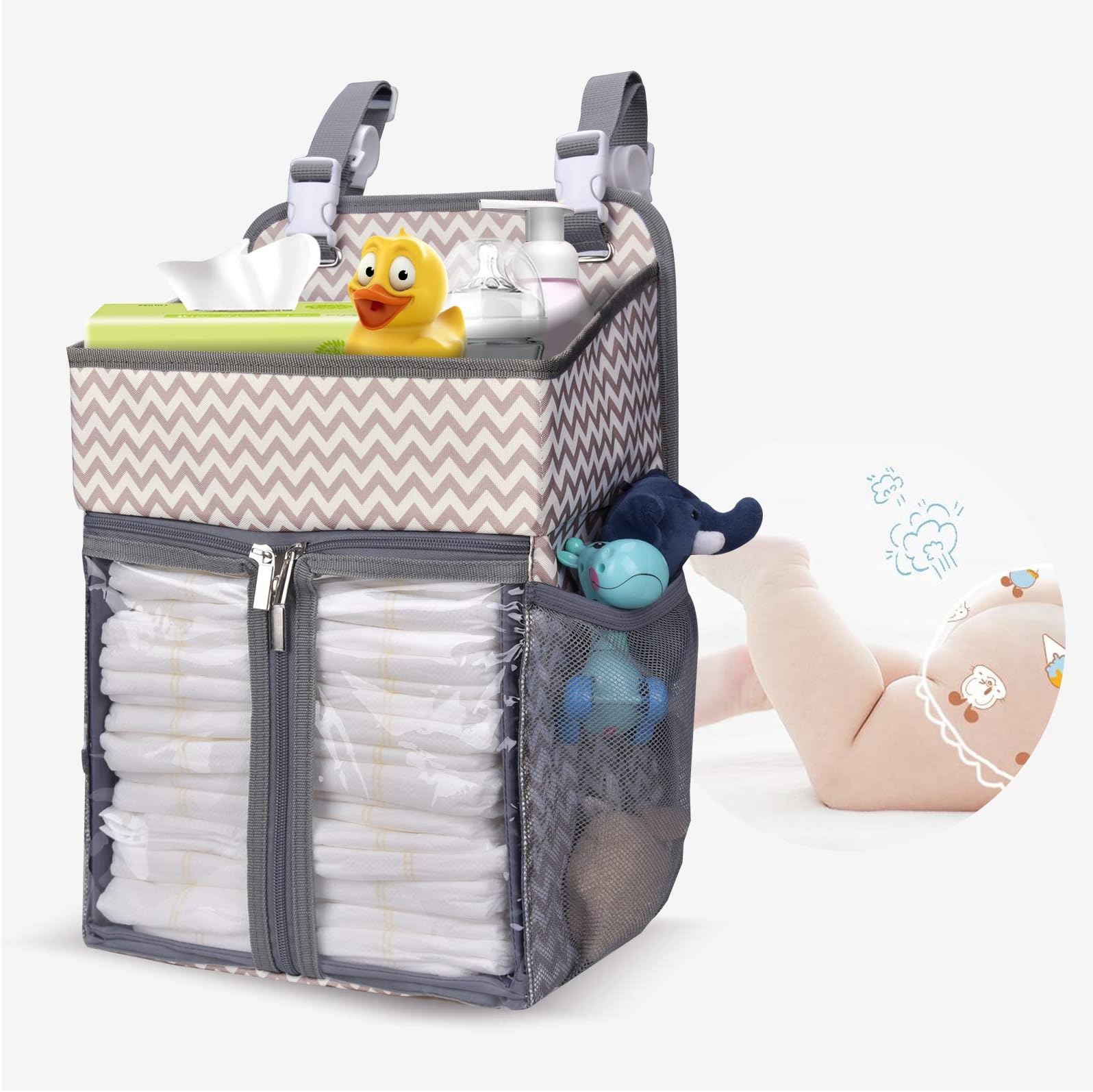 BAGLHER Hanging Diaper Organizer,Baby Diaper Organizer is Suitable for Hanging on Diaper Table,Nursery, and All Cribs.Baby Supplies Storage Diaper Rack,Diaper Stacker.