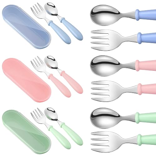 Patelai 9 Pcs Toddler Utensils Fork Spoon with Case,Blue, Green, Pink