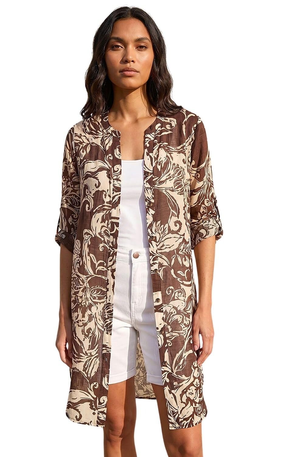 Roman Women's Chocolate Leaf Print Longline Button Blouse In | Size: 18
