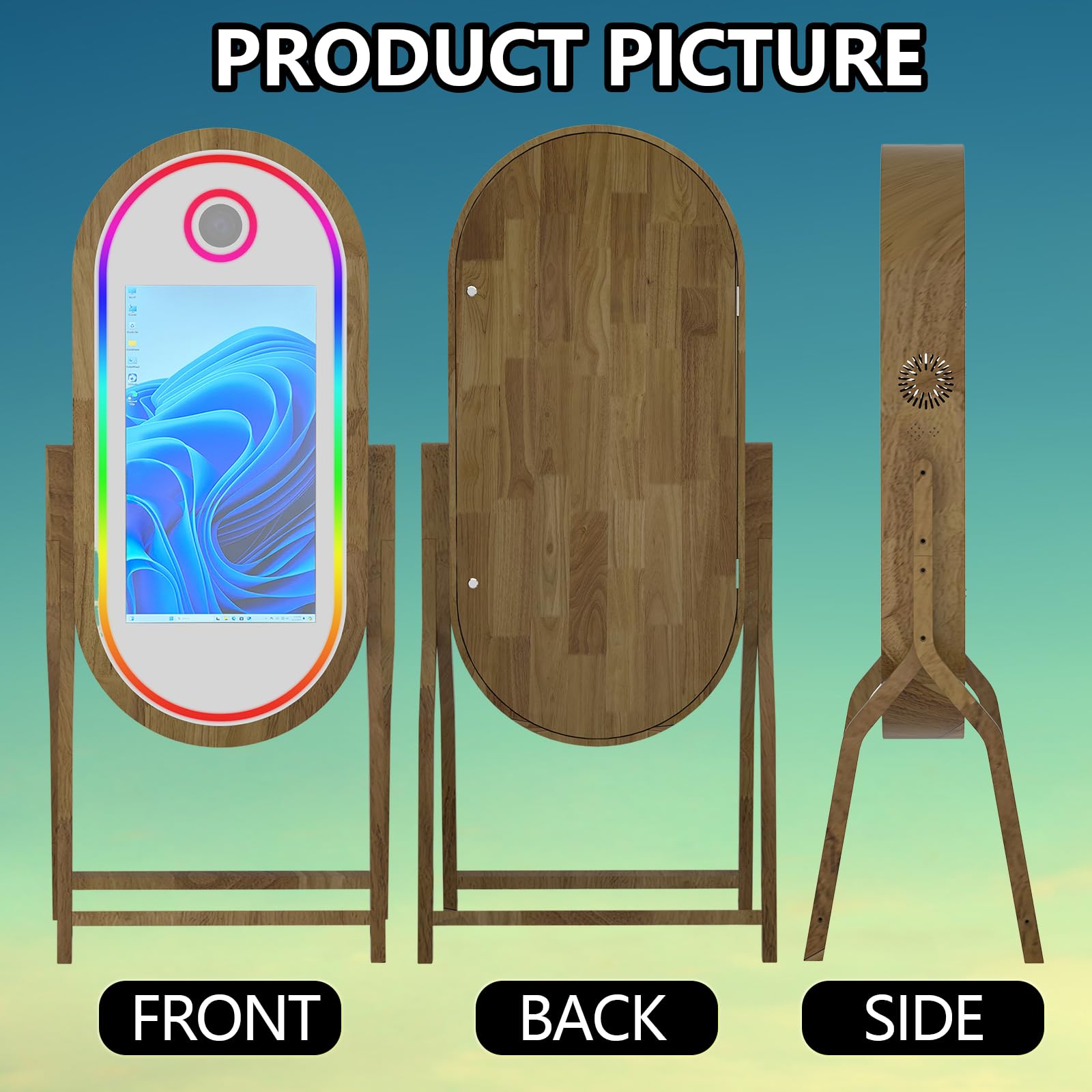 Appareil photo miroir magique de 152,4 cm avec écran tactile de 81,3 cm, support pour selfie, cadre lumineux RVB et étui de vol pour événement, location, fête de mariage (machine + mini imprimante)