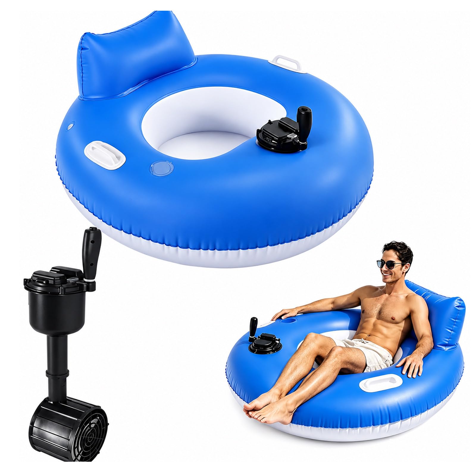 MIAOXIAOLONG Poltrona Acquatica con Joystick e Doppi Motori, Float Gonfiabile con Schienale e Portabicchieri, Perfetto per Relax al Lago e Feste in Piscina Round(SinglePropeller)