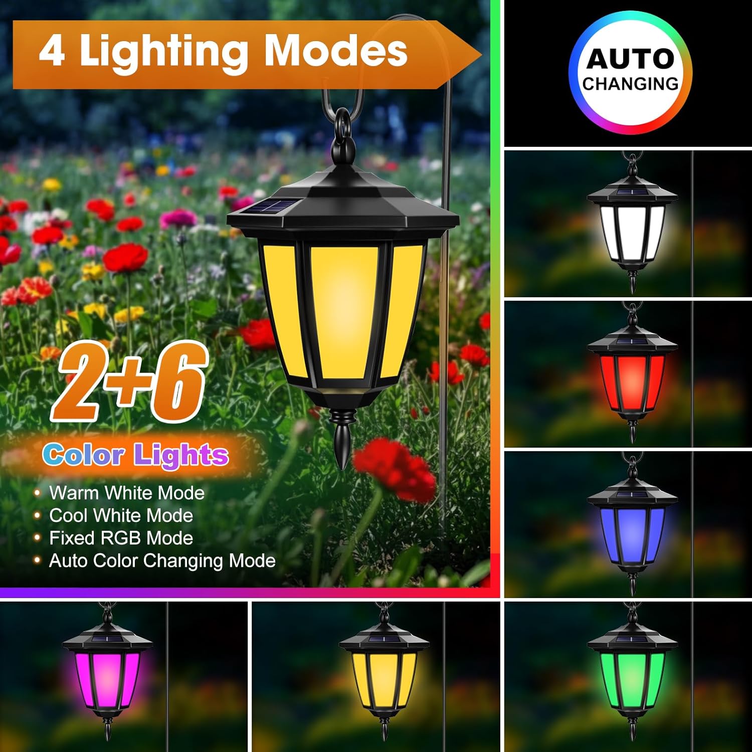 Viewsun 34 Inch Solar Hanging Lights, Shepherd Hook Lights with 4 Lighting Modes Waterproof Outdoor Decorative Solar Lantern Lights for Garden Decor, Patio, Backyard, Pathway, 6 Pack