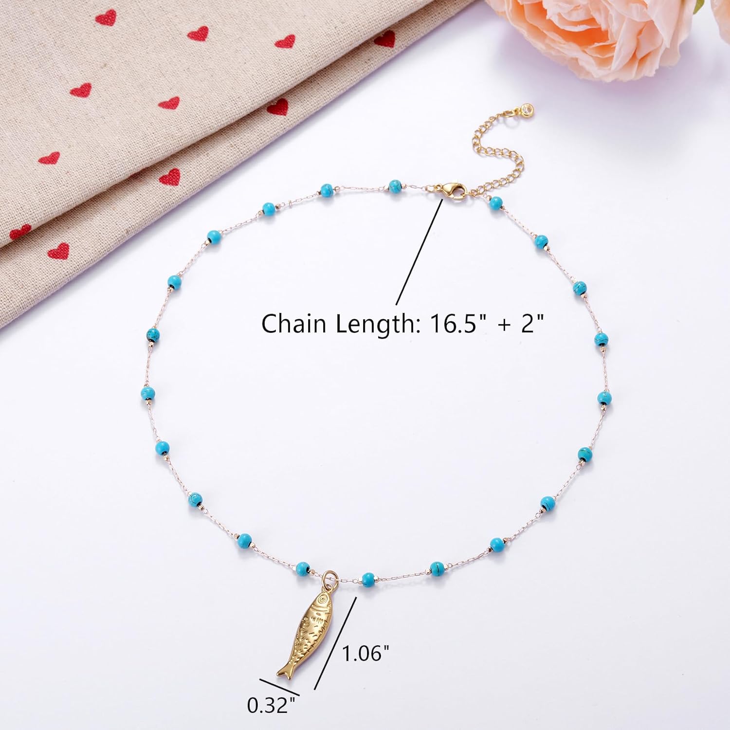 Kvekstio Turquoise Beaded Choker Necklace for Women, Gold Fish Pendant Necklace with Gold Chain, Elegant Boho Beach Summer Gift - Image 3