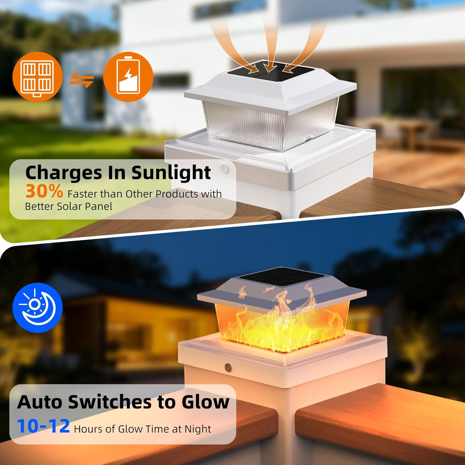 Solar Post Cap Lights, 6 Pack Outdoor Flickering Flame Light Fit for 3.5x3.5 4x4 5x5 Vinyl/Wooden Post, HIGT Brightness SMD LED Decor for Garden/Whiteyard - White