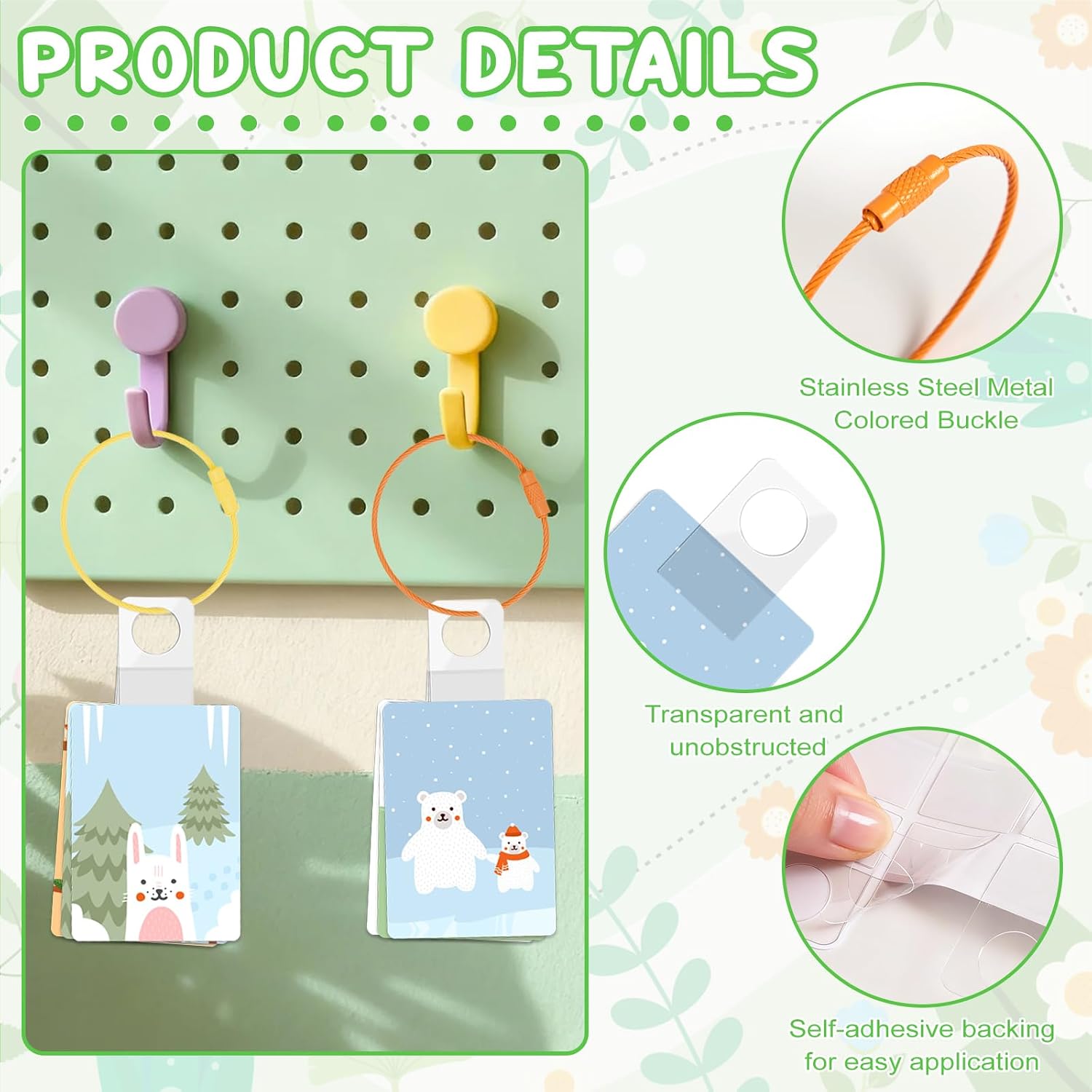 Holder for Cards Rings and Tabs, 100 PCS Clear Self Adhesive Hanging Tabs with 10 Metal Rings, Plastic Sticky Hang Tags for Retail Display, Card Accessories Organizer for Storage and Display image 3