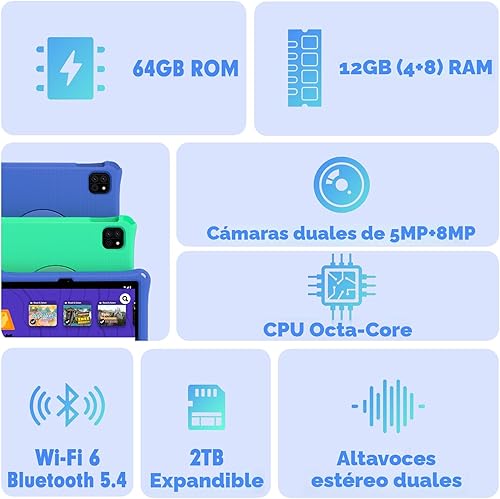 Miniatura 5 de Tableta para niños Tablet Android 15 de 10 pulgadas para niños, batería Octa-Core 6000mAh de 64 GB, WiFi 6, aplicaciones preinstaladas para niños,