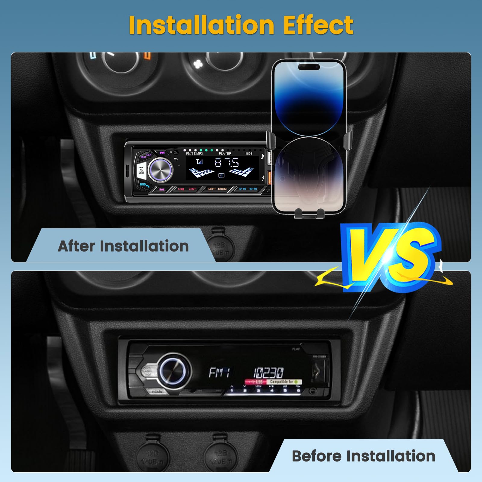 Hikity 1 Din Bluetooth 5.0 Autoradio mit Halterung für Mobiltelefon, 360 Grad Drehbar für Navi, Radio mit Bluetooth Freisprecheinrichtung 2 USB/Schnellaufladung/U Disk/FM/TF/AUX/4 * 45W