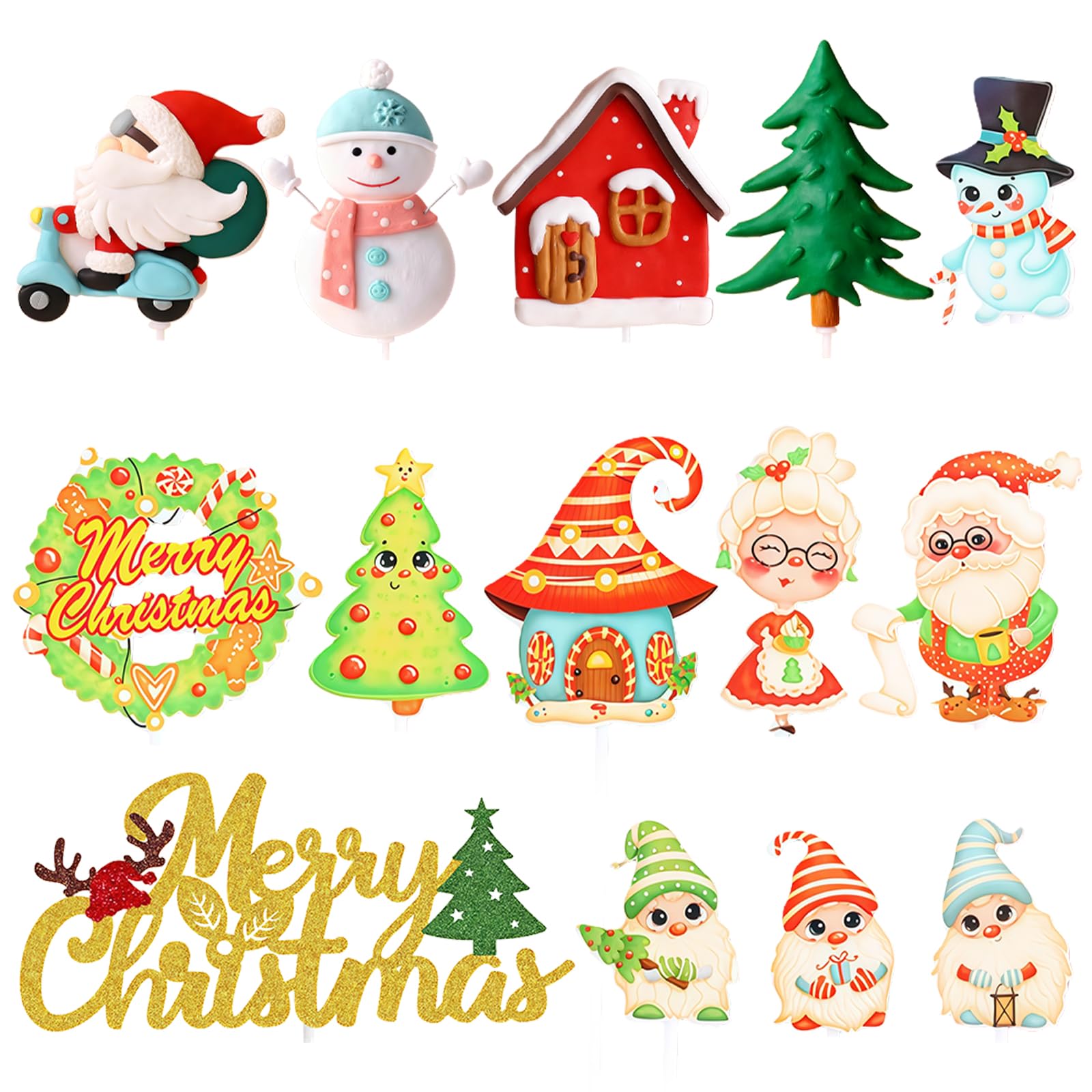 MUNSKT Christmas Cake Topper, 14 Pcs Xmas Cupcake Decorations, Christmas Tree, Santa, Snowman,Reindeer, for Festive Baking, Xmas Cakes, Cupcakes & Yule Logs