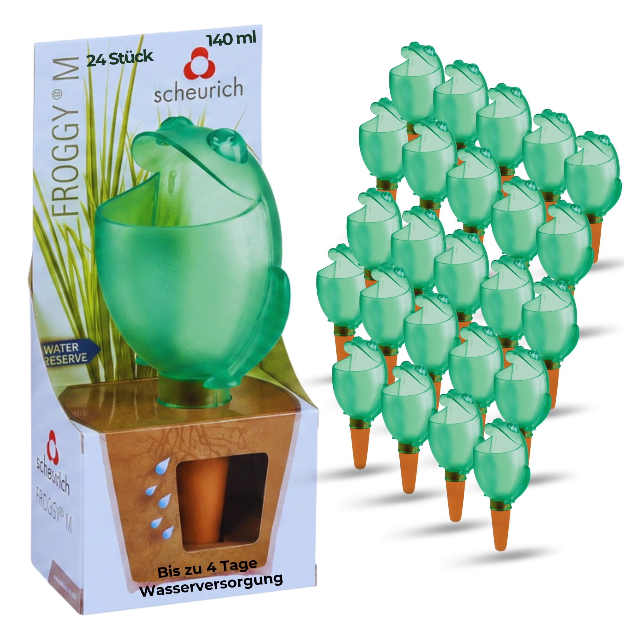 Scheurich Froggy M dozownik wody | 24 x zielony | pojemność 140 ml | kula nawadniająca mała z glinianą nóżką | dozownik wody do roślin i kwiatów, terakota, łodyga