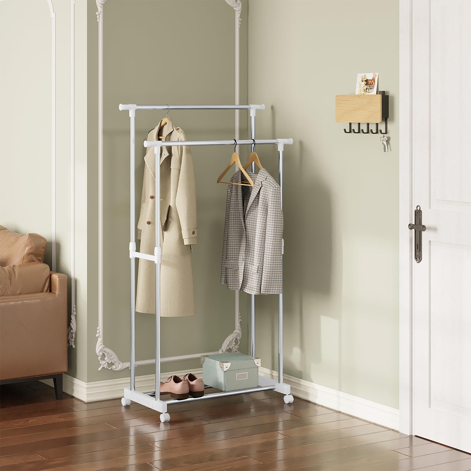 WOLTU Burro Ropa con Doble Barra, Perchero Extensible, Colgador de Ropa con Ruedas y Zapatero, Ajustable, (75,5–151,5) x(94–171) x42 cm, Plateado+Blanco, SRY63sb