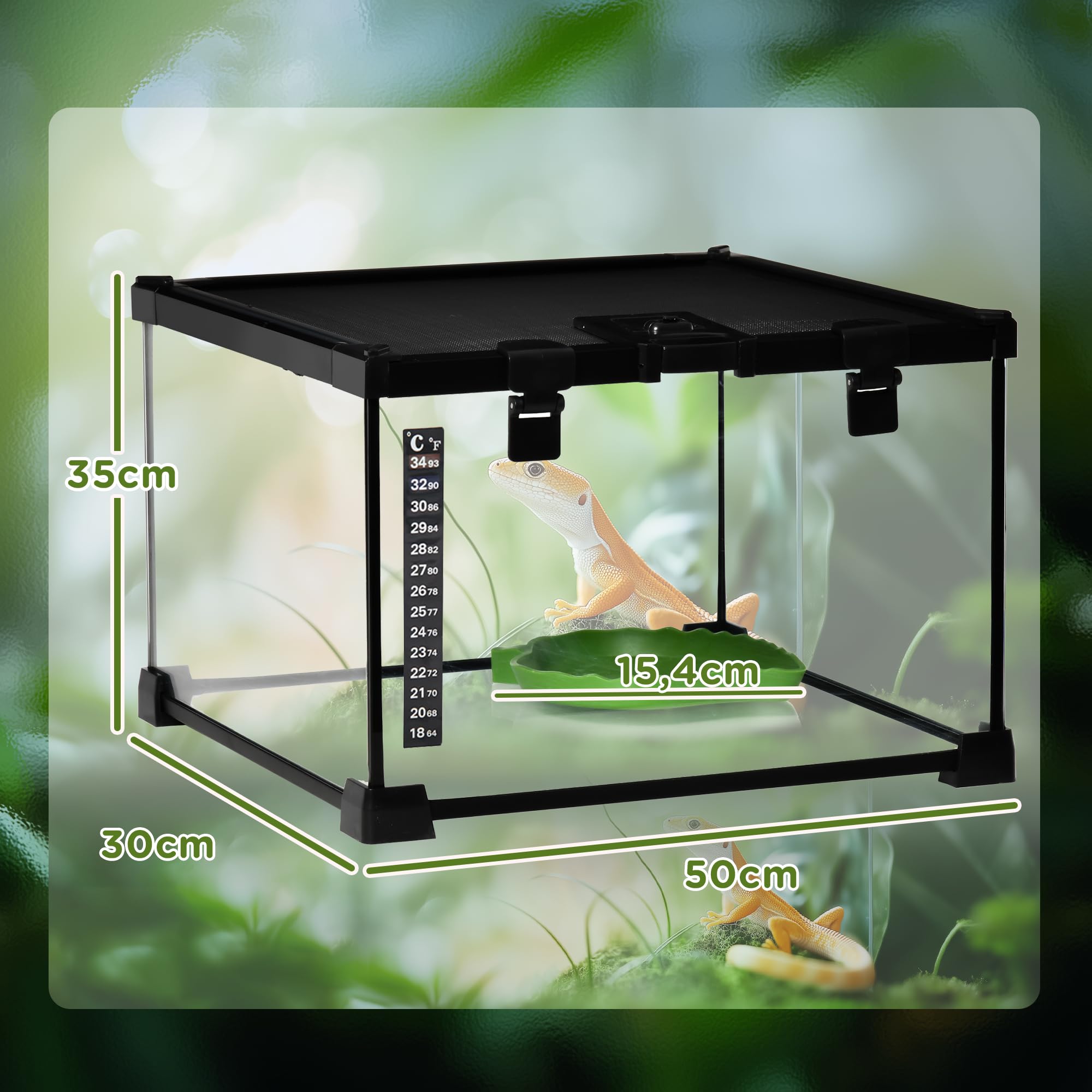 PawHut Szklane terrarium dla gadów z termometrem, małe, 30 x 30 x 20cm