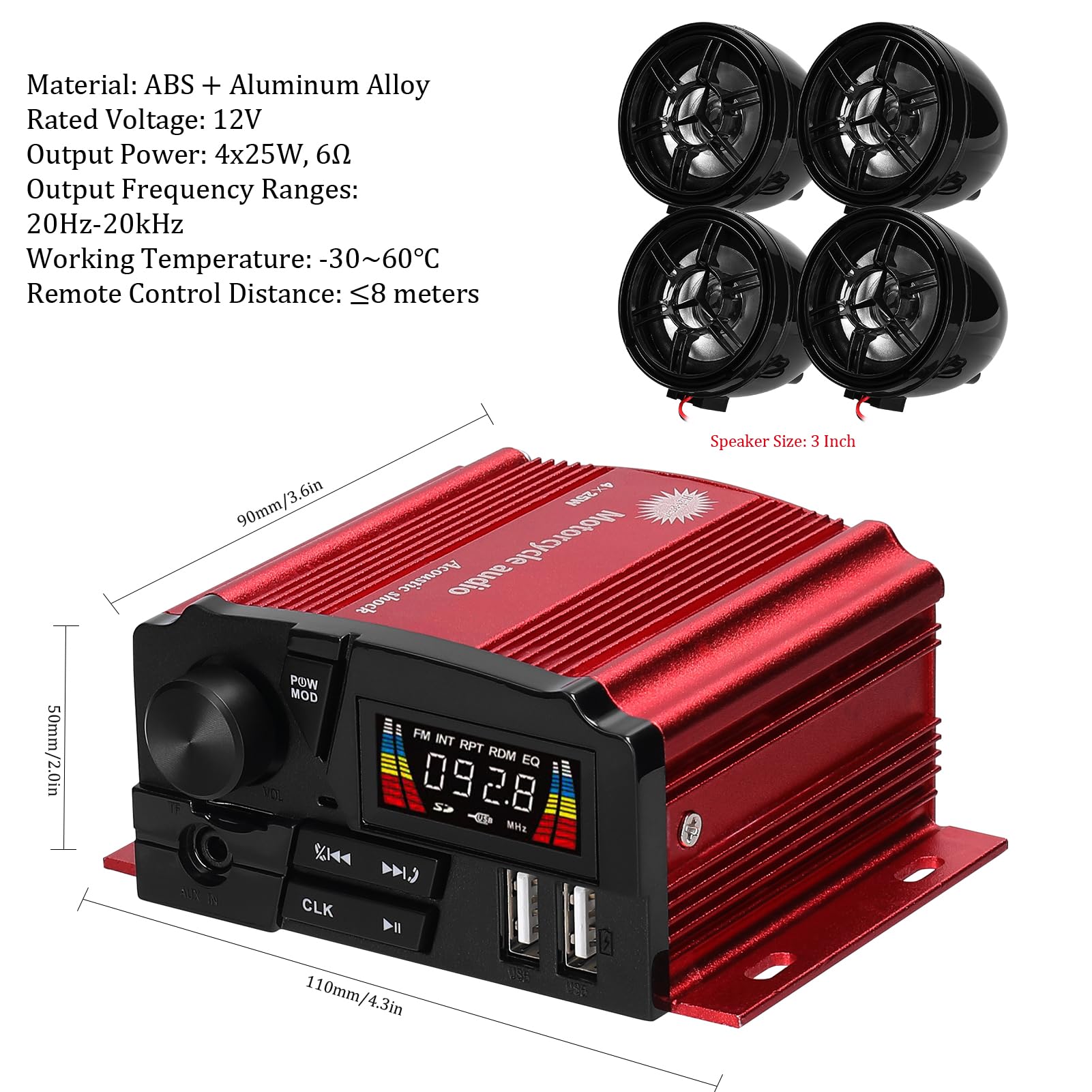 Fyearfly BT Alarma 4 x 25 W 4 canales estéreo 12 V para motocicleta ATV
