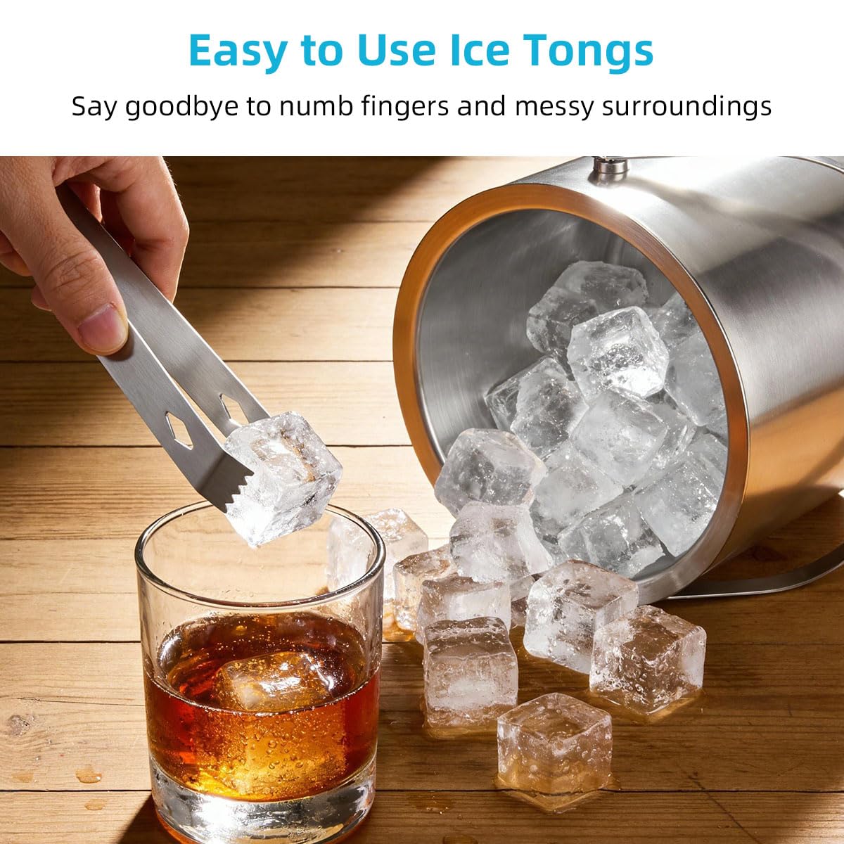ChefBee Cubitera de hielo grande de 4 litros, de acero inoxidable con aislamiento de doble pared, para fiestas, con tapa y pinzas, soporte para bebidas de vino champán, ideal para congelador, cóctel