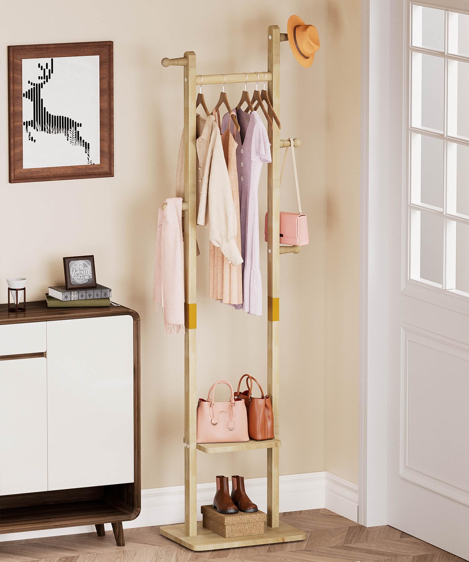 YORBAY Perchero de madera de pie: Burro Ropa con 2 estantes, 5 ganchos y 1 barra, ideal para guardar ropa, sombreros, chaquetas y bolsos, ideal para sala de estar Recibidor Dormitorio