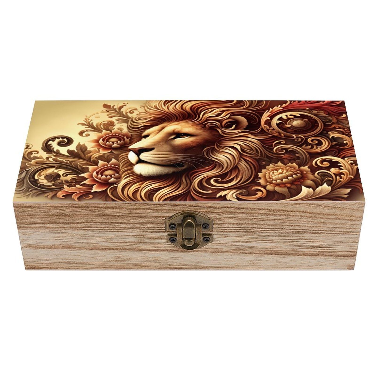 asbwuo Lion And Floral Vintage Wooden Keepsake Box