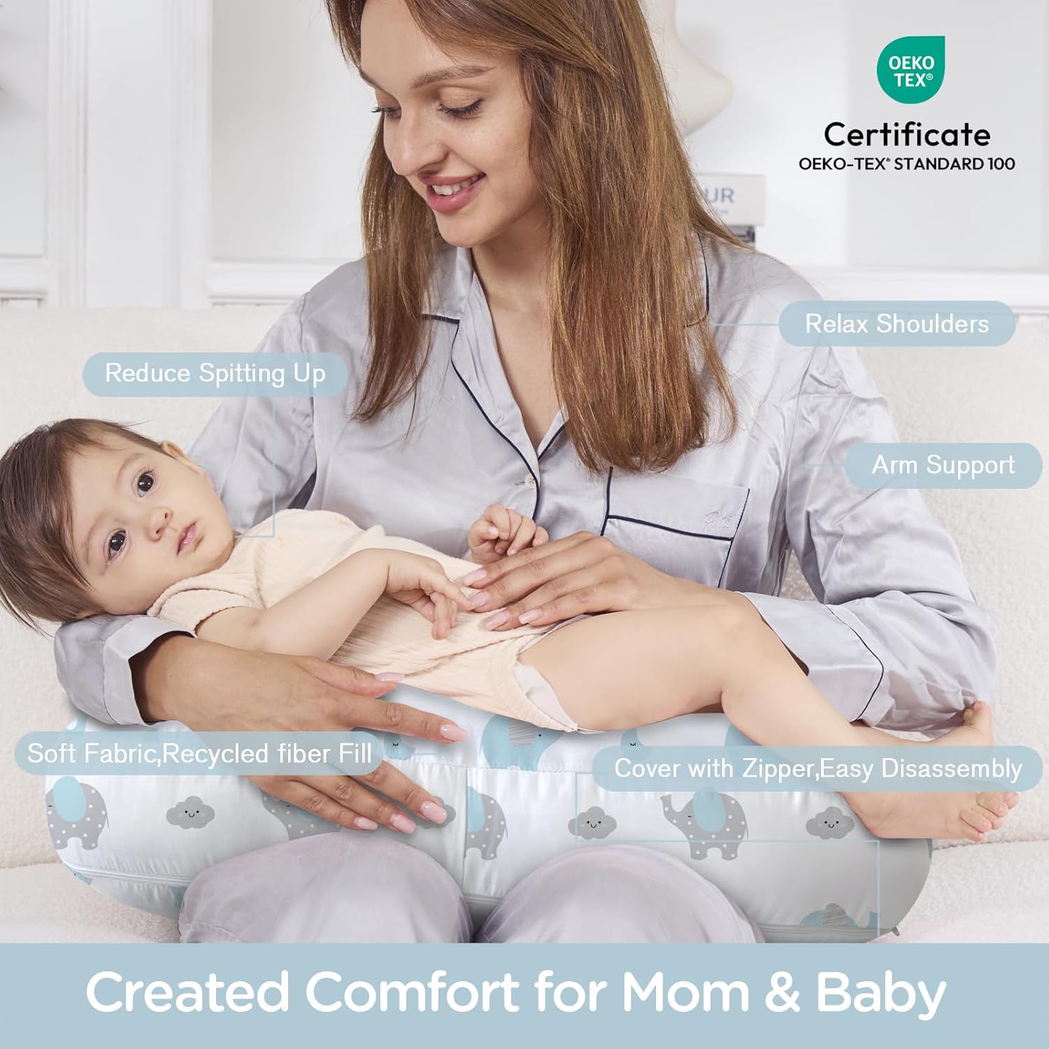 Little Grape Land New Nursing Pillow for Breastfeeding, Larger Breast Feeding Pillow and Positioner with Removable Cover for More Support, Tummy Time and Bottle Feeding Support Pillow, Blue Elephant - Image 2