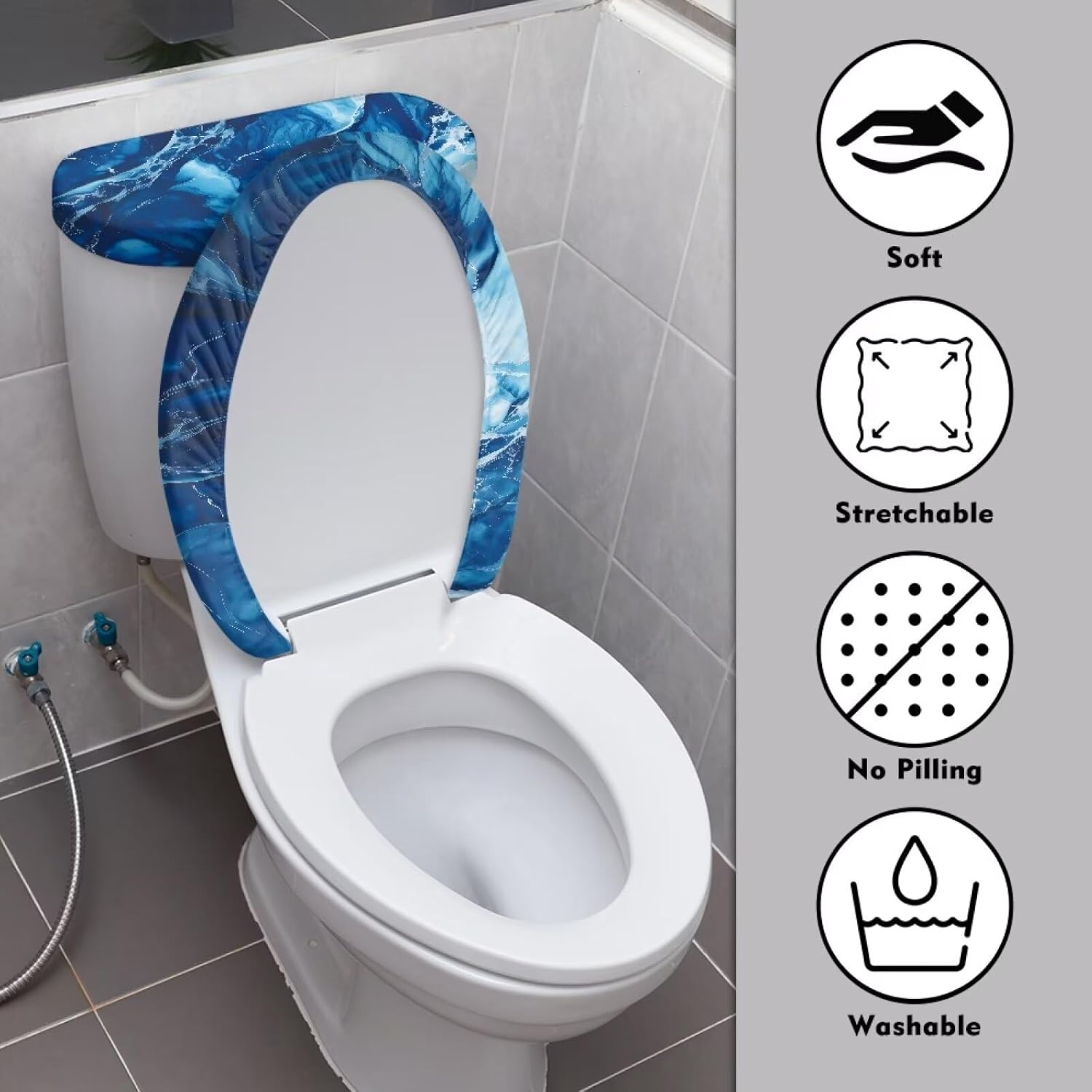 Polyester Toilet Lid Cover and Toilet Tank Lid Cover 2 Pcs, Durable Dust Cover with Elastic Edge Bathroom Decor Fit Most Round Elongated Oblong Lids, Dark Blue Marble Print