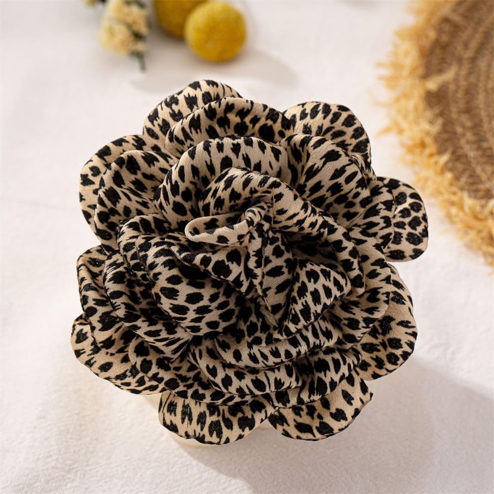 Dainty Leopard Print Rose Flower Brooch for Women Vintage Handmade Large Satin Fabric Floral Lapel Pins Elegant Dress Suit Clothes Hat Bag Accessories Wedding Bridal Prom Party Jewelry 100mm - Image 3
