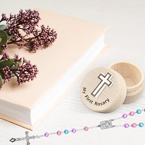 Miniatura 4 de Regalos de bautismo católico, mi primer rosario y caja de recuerdo, juego de rosario, cuentas de rosario multicolor católicas para hombres, mujeres