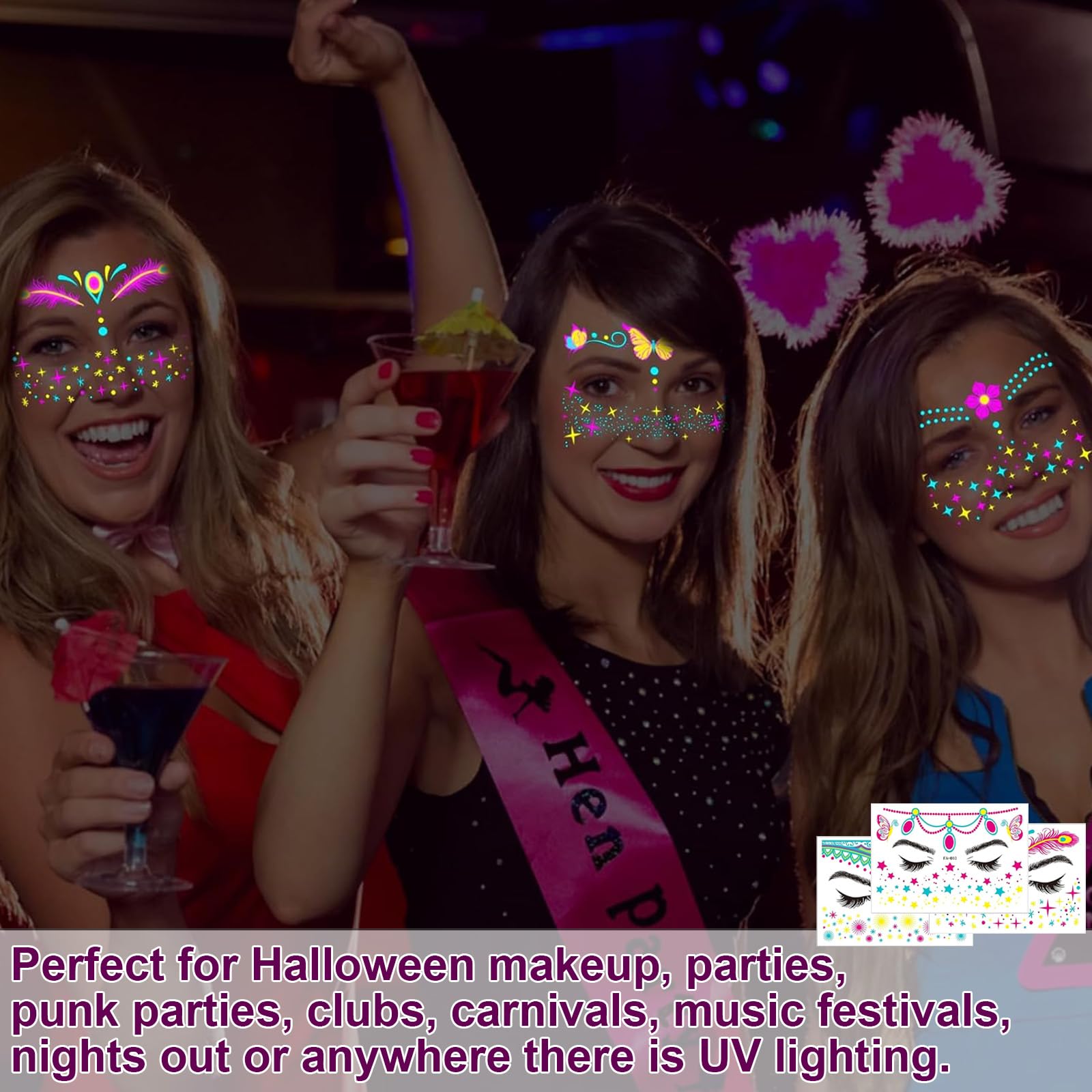 Eowppue 10 Pcs Face Tattoo, Glow in The Dark Tattoos, Temporary Face Stickers, Rave Accessories, Festival Accessories - Image 4