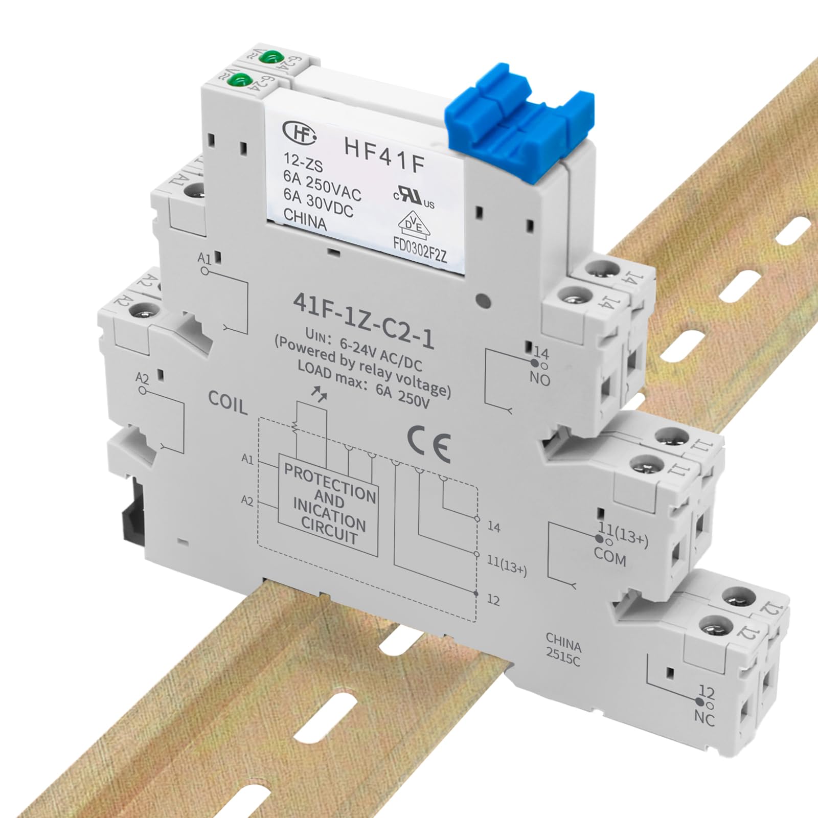Ultradun elektromagnetisch spoelrelais 24 V DC/AC voor PLC, DIN-rail-relais HF41F met led-display, 5-polig, 1NO 1NC 6A SPDT (10 stuks