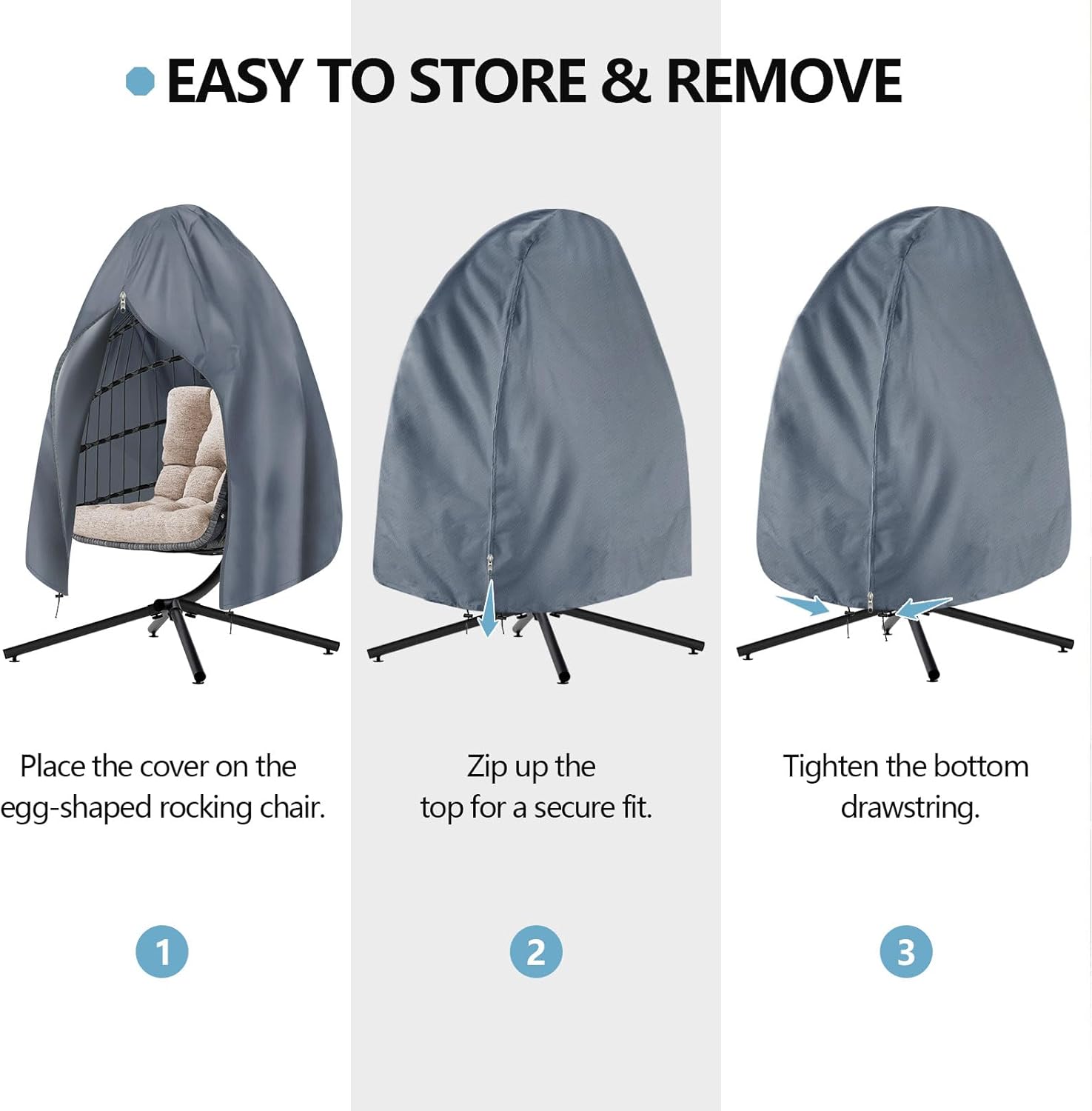 【Upgraded】RICHIE 90”x78” Patio Egg Chair Covers Waterproof & UV Resistant, Heavy-Duty Zippered Cover for Outdoor Egg Swing Chairs, Hanging Chairs, All-Weather Protection for Garden, Balcony - Gray
