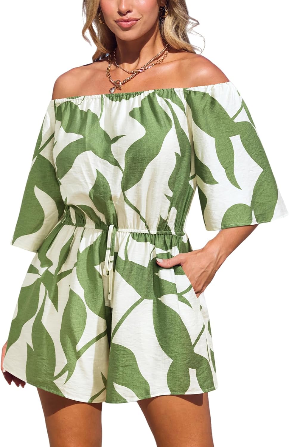 CUPSHE Women's Summer Casual 3/4 Sleeve Romper Wide Leg Floral Tropical Off Shoulder Elastic Waist Jumpsuit with Pockets