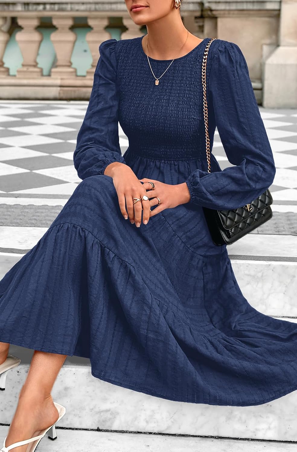 PRETTYGARDEN Womens Long Sleeve Fall Dresses Casual Crew Neck Smocked High Waist Tiered Flowy Maxi Dress with Pockets - Image 6