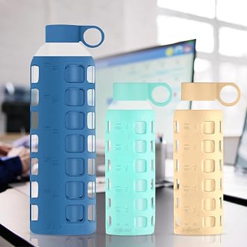 purifyou Glass Water Bottle Bundle with Time & Volume Markings This set features three reusable glass bottles in distinct colors Chinese Porcelain 32oz, Glow In Dark 12oz, Pearled Ivory 12oz.