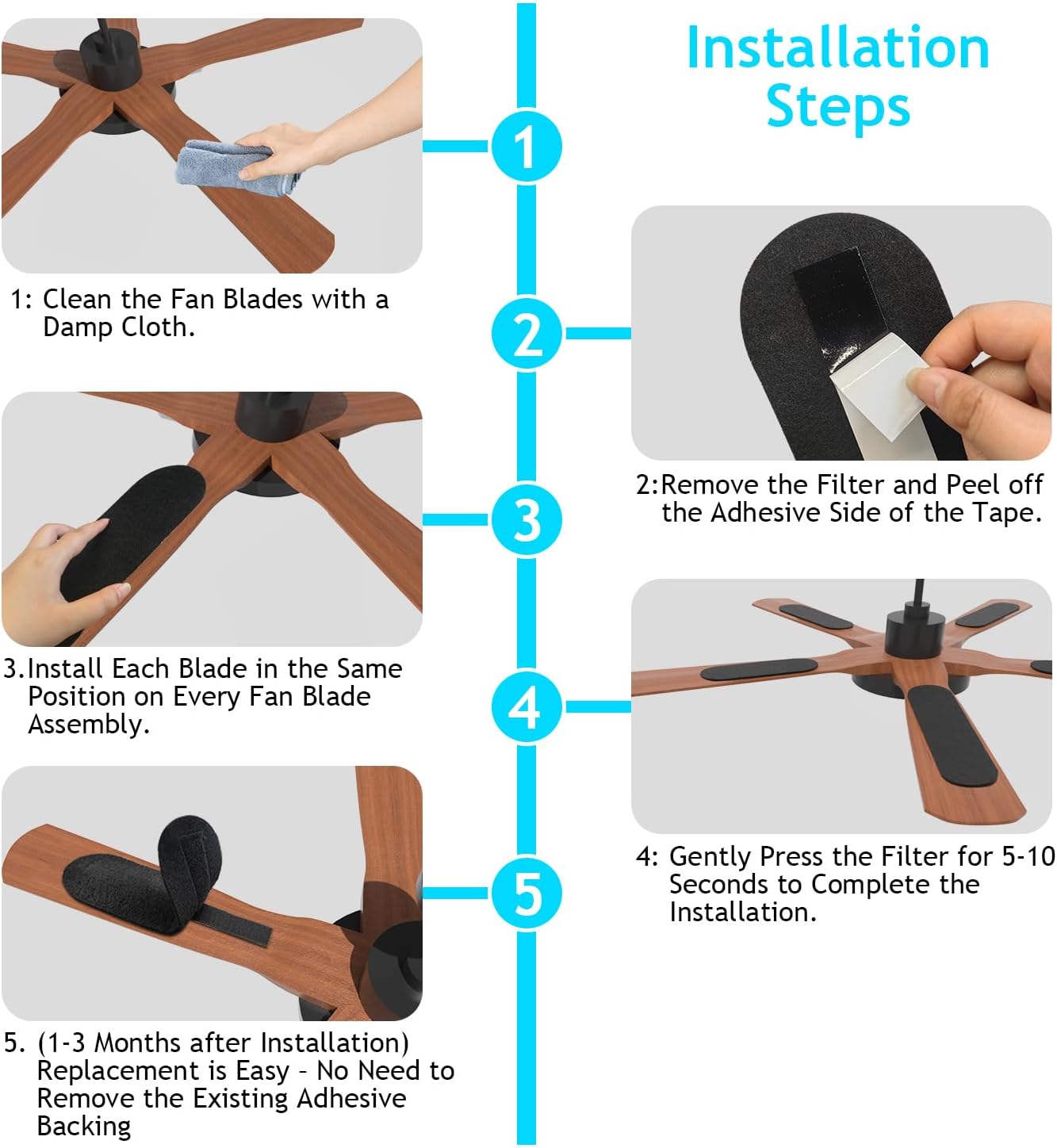 2026 Upgrade 10pcs Ceiling Fan Filters for Blades Easy-Stick Strong Fixity Activated Coconut Carbon Fan Filter for Ceiling Fan, Universal Fan Blade Air Fresh Purifier Cat Litter Box Filter, Black