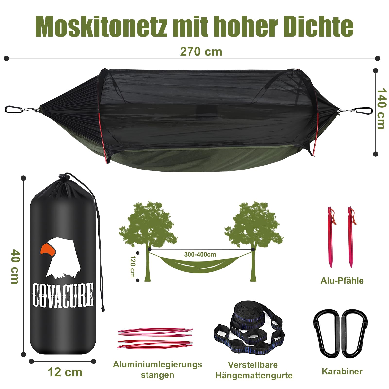 COVACURE Hängematte Outdoor Hängematte mit Moskitonetz - 200kg Belastbarkeit für 2 Personen 270 x 140 cm Ultraleicht Hammock Reise Gadgets für Camping Garten Survival Wander