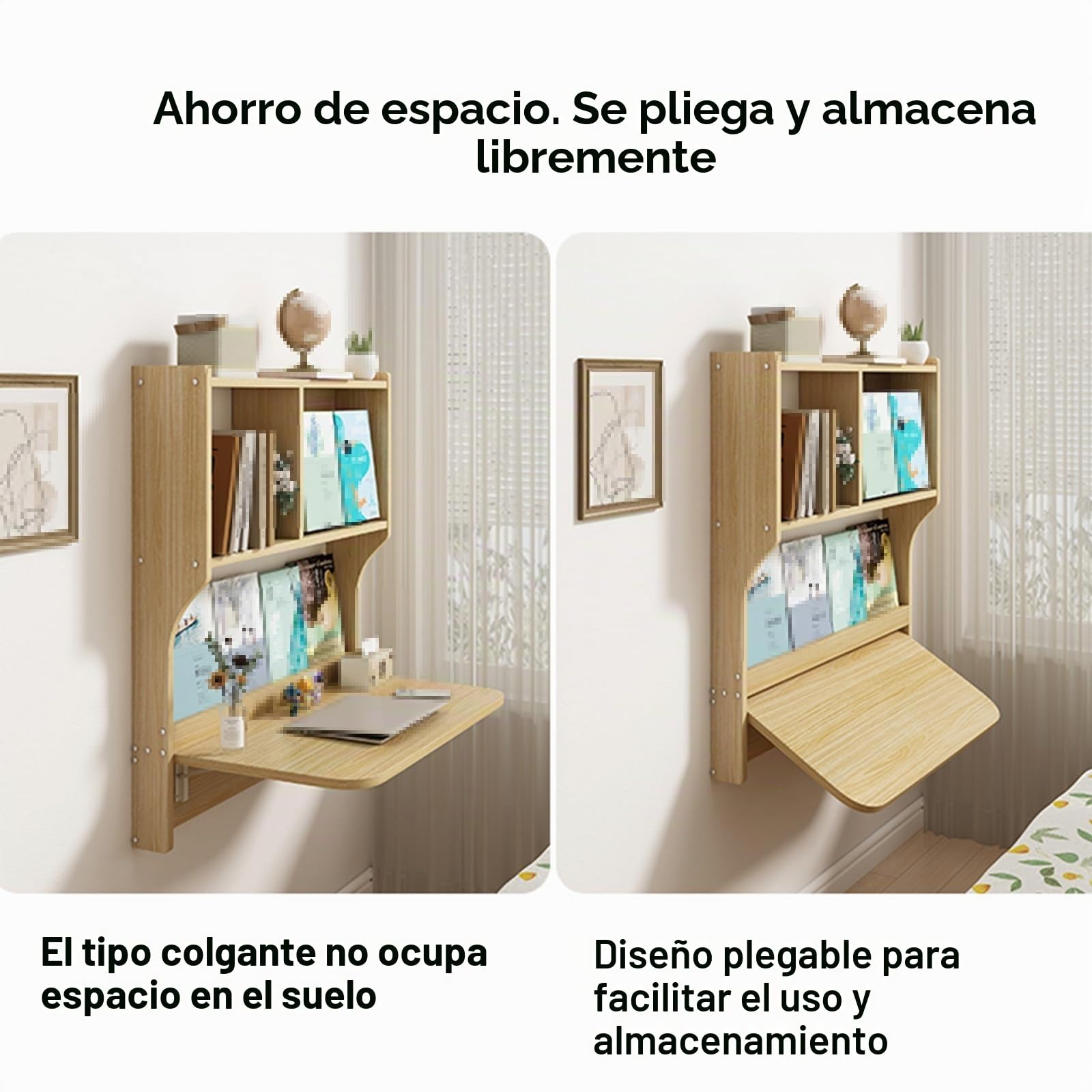 Escritorio flotante montado en la pared, escritorio plegable de madera maciza con almacenamiento, fácil de limpiar, soporte de carga súper fuerte para espacios pequeños, ideal para dormitorio o
