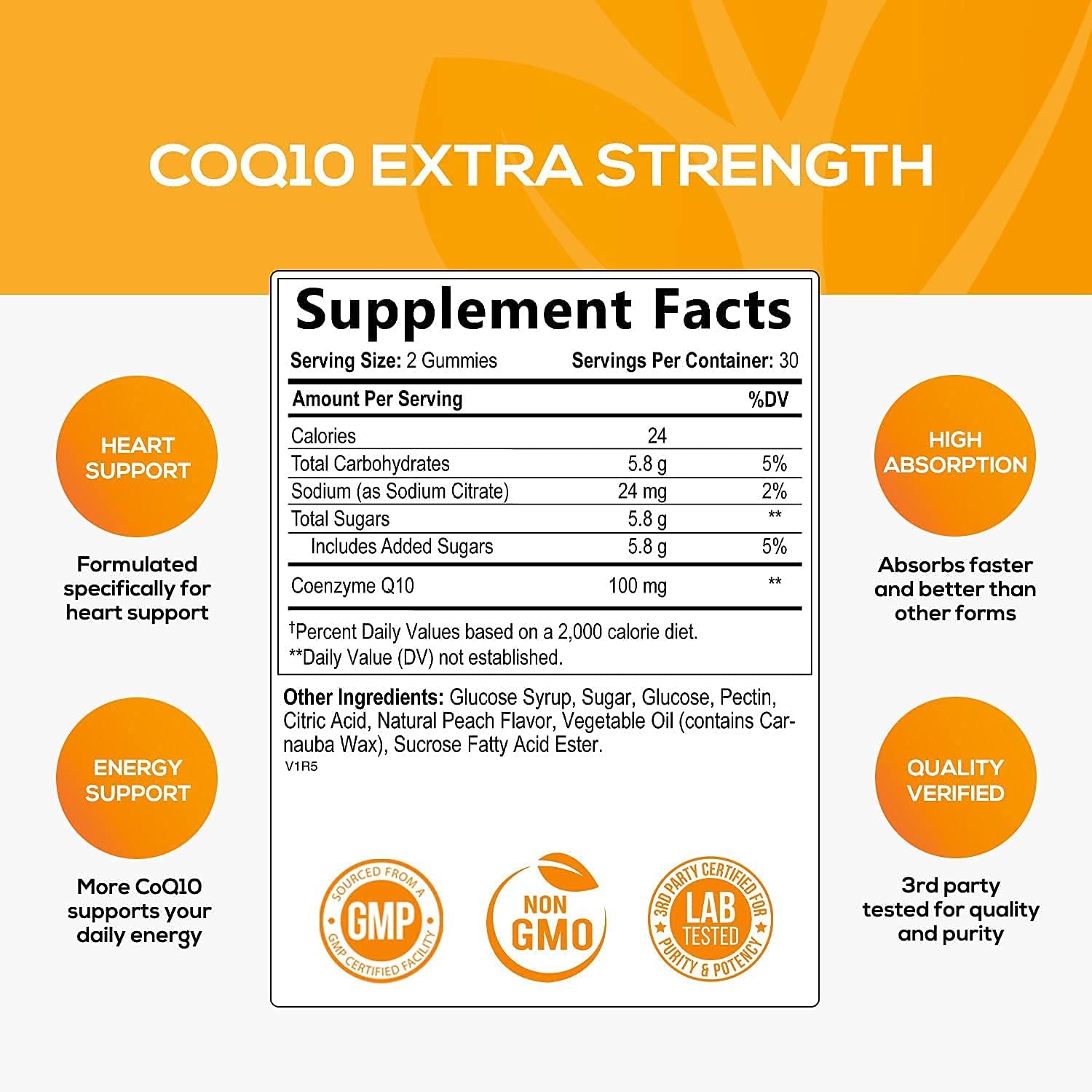 CoQ10 Gummies - Peach Gummy Vitamins with High Absorption Coenzyme Q10 100mg - Natural Antioxidant Dietary Supplement for Heart Health Support - 60 Gummies : Health & Household
