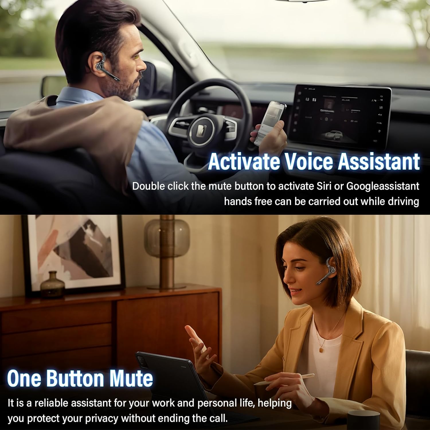 Bluetooth Headset with APTX HD Audio, Wireless Hands-Free Earpiece with CVC 8.0/ENC Dual Mic, Mute Button & Dual Device Connection, 90H Playtime Single-Ear Headphone for Trucker, Business, Black - Image 5