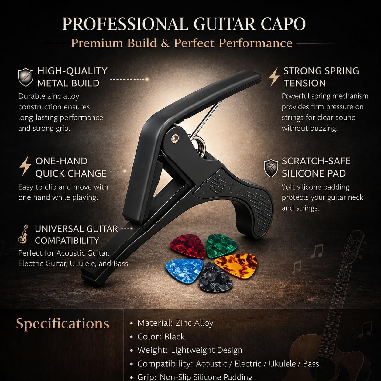 Techblaze One Handed Trigger Guitar Metal Capo Quick Change for Ukulele, Electric and Acoustic Guitars, Black with 5 Colorful Picks