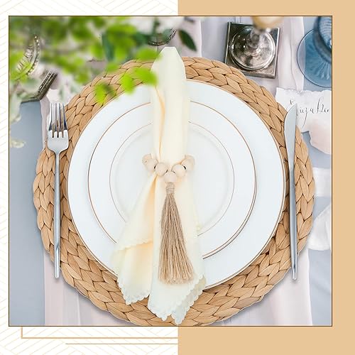 Miniatura 3 de Gejoy Manteles individuales tejidos bohemios con cuentas de madera y servilletas de tela redonda de jacinto de agua resistentes al calor, anillos de