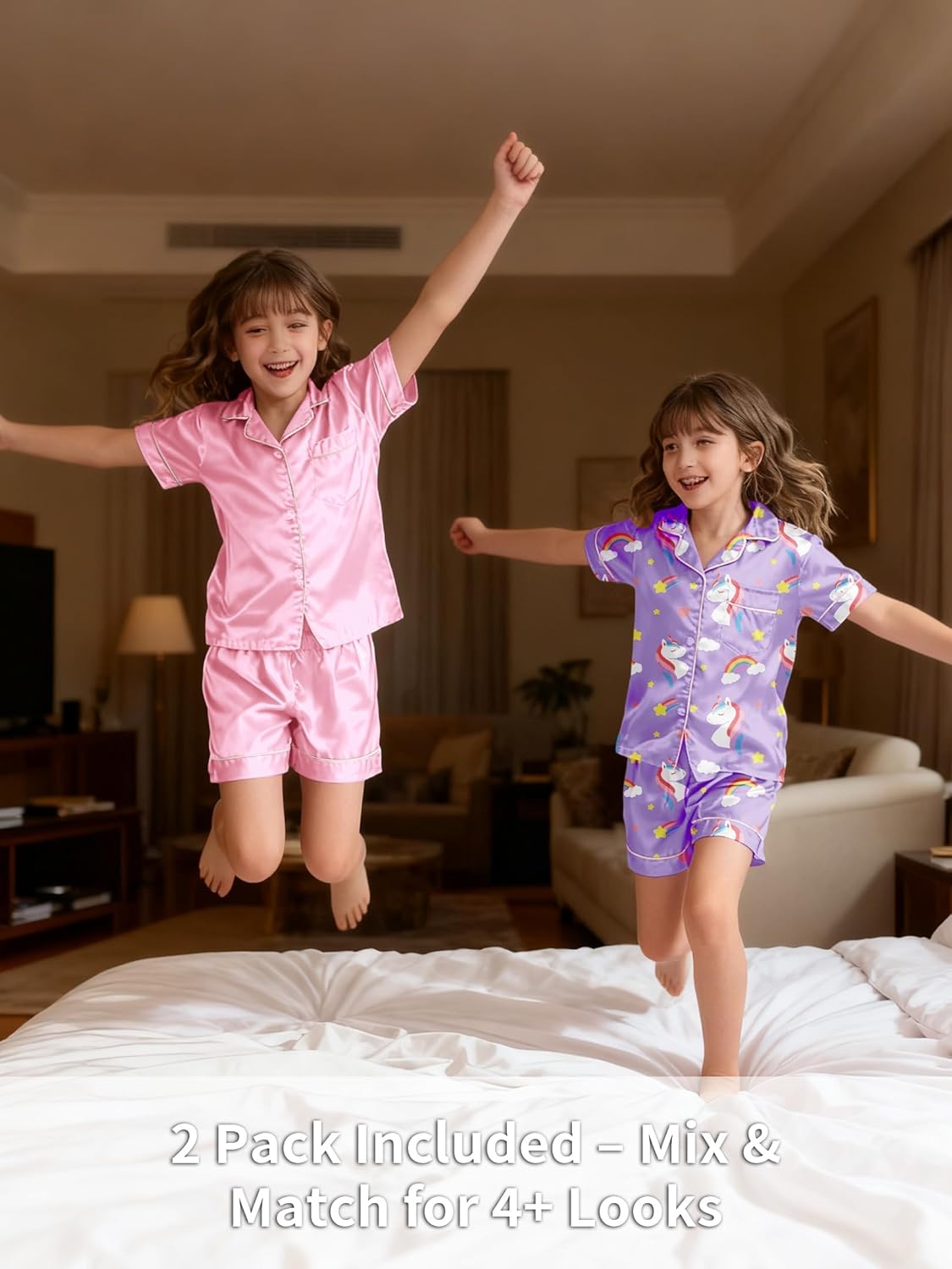Girls Pajamas Silky Sets 2 Packs, Soft Satin Boys Kids Summer Pjs, Short Sleeve Button Down for Birthday Gift, 5Y-14Y