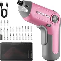 WORKPRO 3.6V Cordless Electric Screwdriver Offset Shaft Rechargeable 22 Bits LED Light Carry Case Pink Ribbon
