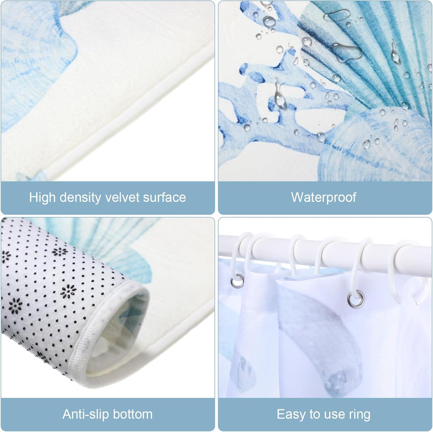 WovWeave 4 Pcs Beach Bathroom Shower Curtain Set, Ocean Animals Bathroom Curtain with 12 Hooks, Non-Slip Rugs, Toilet Lid Cover, U Toilet Mat for Ocean Beach Theme Decoration